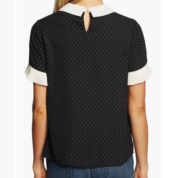 CeCe Womens Short Sleeve Polka Dot Collared Blouse Navy Blue White Size Medium - Picture 2 of 11